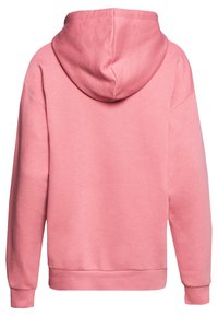 Felpa con cappuccio rosa dal tessuto morbido, spalle cadenti e polsini a coste. Design semplice senza motivi o accentuazioni visibili.