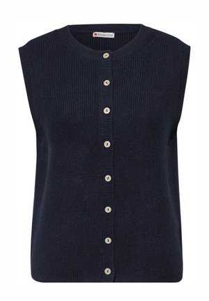 Cardigan sans manches bleu marine, texture côtel ée, encolure ronde, fermeture à boutons sur le devant avec des boutons de couleur claire, sans poches, matière en maille douce.