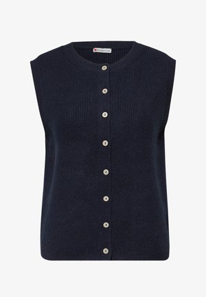 Marineblauwe mouwloze cardigan, geribbelde textuur, ronde halslijn, voorzijde met knoopsluiting met lichtgekleurde knopen, geen zakken, zacht gebreid materiaal.