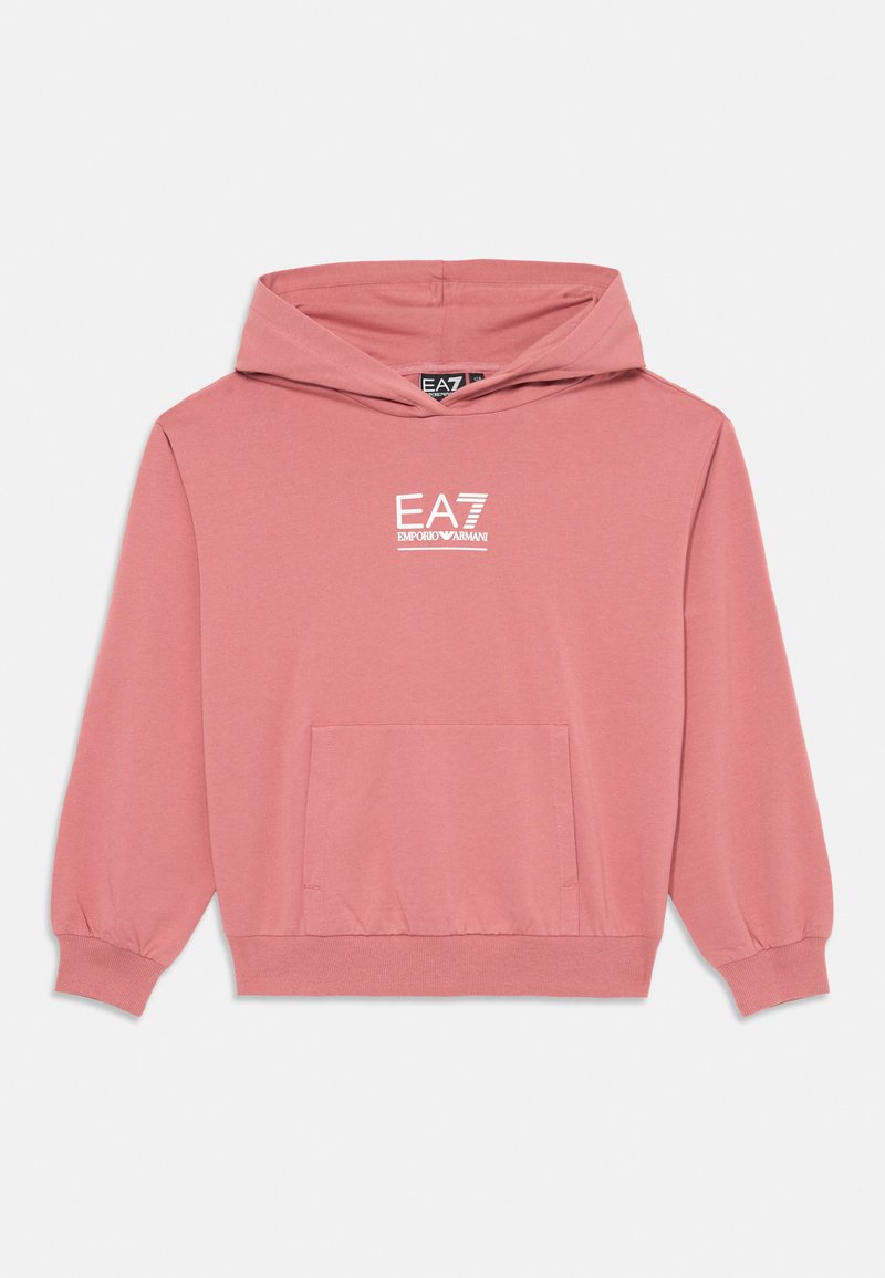Rosa Sweatshirt mit Kapuze, langen Ärmeln und einer Fronttasche. Mit einem weißen EA7 Emporio Armani Logo, das auf der Brust zentriert ist.