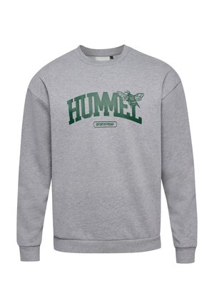 Sudadera gris de mangas largas, con puños y dobladillo acanalados. Presenta un logo impreso en verde de "HUMMEL" y un gráfico de una abeja en el frente.