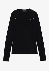 Czarny sweter z długim rękawem i dekoltem w łódkę, zdobiony trzema ozdobnymi kryształkami na przodzie oraz subtelnymi teksturowanymi detalami na ramionach.