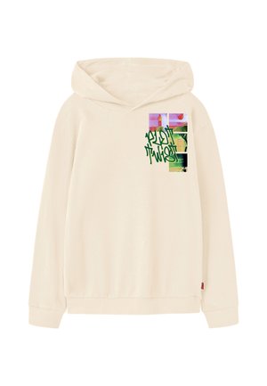 Beige hoodie with front graphic collage of colorful squares and green stylized graffiti text on the upper left chest.
