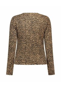 Langsleeve top met een bruin en zwart luipaardprintpatroon, getoond vanaf de achterkant op een witte achtergrond.