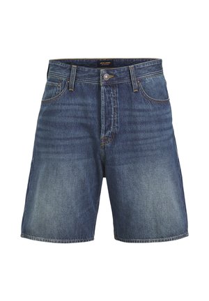 Short en denim bleu avec bouton et fermeture éclair à l'avant, passants pour ceinture et deux poches avant, présenté sur fond blanc.