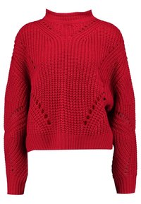 Pull en maille rouge avec col haut, corps texturé et détails en motif ajouré sur les côtés. Poignets et ourlet côtelés.
