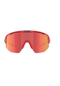Occhiali da sole sportivi rossi con design avvolgente, lenti specchiate che passano dal rosso all'arancione e montatura minimalista. Marchio sulla parte superiore.
