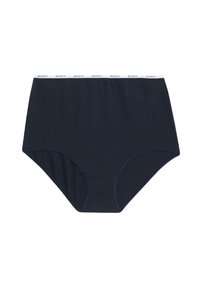 Slip in cotone blu navy a vita alta con fascia elastica bianca riportante il testo "BODY" ripetuto. Texture liscia, design a copertura totale.