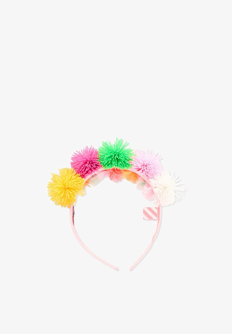Bandeau avec six pompons colorés en jaune, rose, vert et blanc, répartis uniformément sur un bandeau en plastique rose clair.
