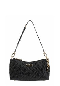 Sac en simili cuir noir matelassé avec ferrures dorées et une bandoulière amovible. Comprend des accents de logo et une fermeture à glissière sur le dessus.