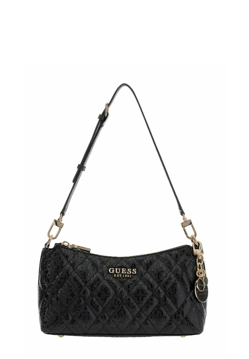 Sac en simili cuir noir matelassé avec ferrures dorées et une bandoulière amovible. Comprend des accents de logo et une fermeture à glissière sur le dessus.