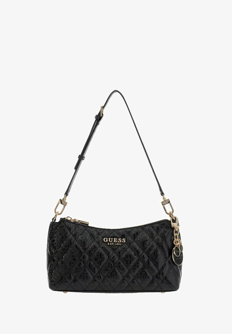 Sac en simili cuir noir matelassé avec ferrures dorées et une bandoulière amovible. Comprend des accents de logo et une fermeture à glissière sur le dessus.