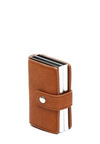 Brown leather wallet with a snap closure, featuring a rectangular shape and two visible white card slots. Smooth texture and simple design.