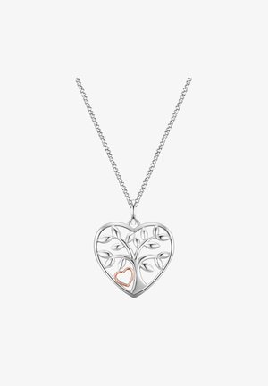 Colgante de árbol de la vida en plata dentro de una forma de corazón, con intrincados diseños de hojas y un pequeño acento en oro rosa. Incluye cadena de plata.