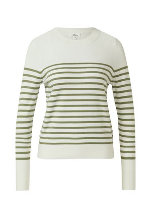 Pull tricoté blanc pour femme avec des rayures horizontales vert olive, manches longues, encolure ronde, poignets et ourlet côtelés.