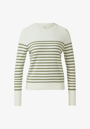 Biały damski sweter dziany z oliwkowozielonymi poziomymi paskami, długimi rękawami, okrągłym dekoltem oraz ściągaczami na mankietach i dole.
