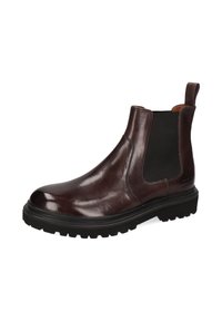 Botín Chelsea de cuero pulido marrón oscuro con paneles laterales elásticos negros y suela de goma negra gruesa.