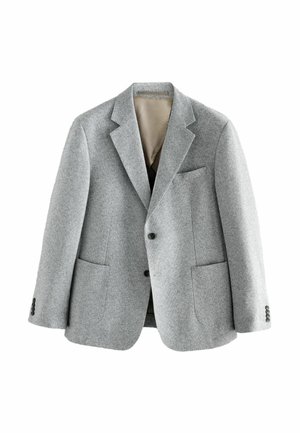 Grau-wollener Blazer mit Revers, zwei frontalen Taschen und zwei Knöpfen. Das Innenfutter ist beige. Texturiertes Material mit klassischem Schnitt.