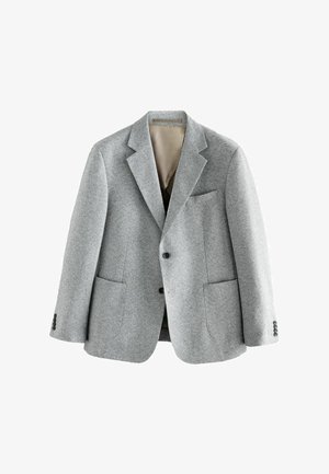 Blazer en laine grise avec revers en creux, deux poches avant et deux boutons. Doublure intérieure beige. Tissu texturé avec une coupe classique.