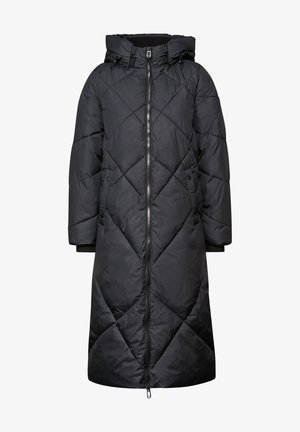 Czarna pikowana kurtka puchowa z kapturem, zapinana na zamek błyskawiczny z przodu, z zatrzaskami i ściągaczami przy mankietach. Materiał jest gładki i wodoodporny.