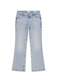 Jasnoniebieskie dżinsy z denimu z rozszerzanymi nogawkami, pięcioma kieszeniami i szlufkami na pasek. Przetarty wygląd na całej powierzchni, klasyczne zapięcie na guzik i suwak.