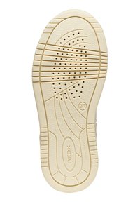Lichtbeige rubberen zool met textuurgroeven en perforaties. Bevat GEox merknaam en een gladde afwerking. Maat gemarkeerd als 31.