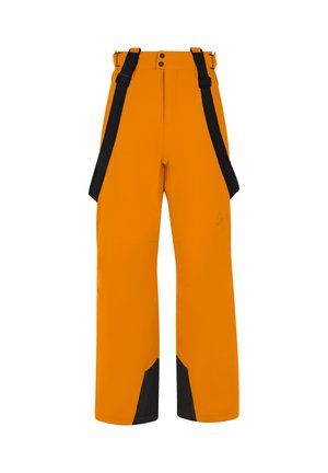 Waterdichte oranje skibroek met zwarte accenten, verstelbare banden, wijde pijpen en een gladde textuur. Bevat een logo op het been.
