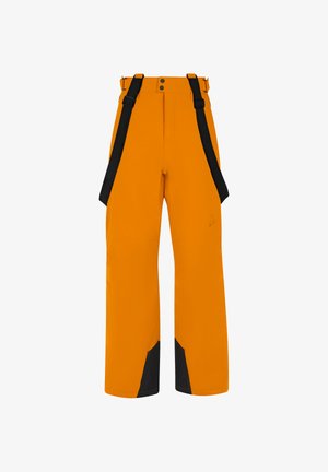 Waterdichte oranje skibroek met zwarte accenten, verstelbare banden, wijde pijpen en een gladde textuur. Bevat een logo op het been.