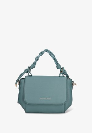 Borsa a mano in pelle color verde petrolio con manico intrecciato, forma rettangolare, chiusura magnetica e dettagli in metallo color oro. Presenta un logo sul davanti.