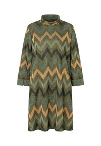 Robe longueur genoux en tricot texturé, avec un col haut, des manches longues et un motif en chevrons dans des tons de vert, marron et or.