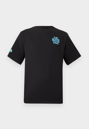 Black short-sleeve T-shirt with light blue "The North Face" logo on left chest and left sleeve.