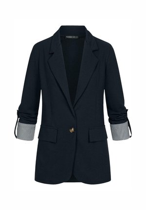 Marineblazer mit langen Ärmeln und umgeschlagenen Bündchen in Weiß- und Marineblau-Streifen. Zwei Vordertaschen und eine goldene Knopfverschluss.