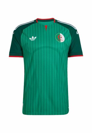 Green Adidas soccer jersey with red trim, vertical stripes, Algeria flag emblem on chest, and white Adidas logo on front.