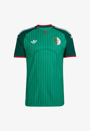 Green Adidas soccer jersey with red trim, vertical stripes, Algeria flag emblem on chest, and white Adidas logo on front.
