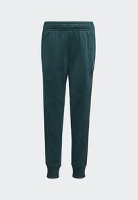 Mörkgröna träningsbyxor i mjukt tyg, med en svart rand längs sidan, ribbad muddar och en broderad logga.