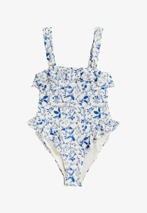 Eendelig badpak met blauwe bloemenprint, gerimpelde rand langs de bovenkant en heupen, en brede verstelbare schouderbanden.