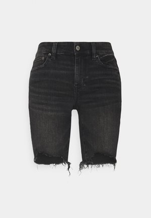 Zwarte denim shorts met rafelige zoom, voorste knoop- en ritssluiting en een ontwerp met vijf zakken.
