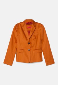 Blazer arancione con chiusura a un bottone, due tasche frontali, rever a punta e texture liscia. Fodera interna in rosso a contrasto.