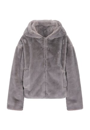 Szürke műszőrme dzseki kapucnival, puha tapintású, elülső záródással és oldalsó zsebekkel; laza szabású és látható rögzítők nélkül készült.