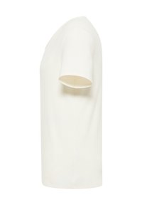 Tricou cu mâneci scurte și guler rotund, de culoare albă-crem, fabricat din bumbac moale, cu o croială lejeră și fără modele sau embellishments vizibile.