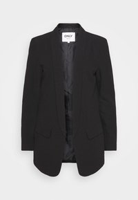 Blazer noir pour femmes, ajusté, avec col à rabat, poches à rabat et doublure satinée lisse, sans boutons, étiquette de marque visible à l'intérieur du col.