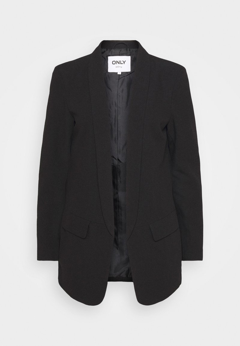 Blazer noir pour femmes, ajusté, avec col à rabat, poches à rabat et doublure satinée lisse, sans boutons, étiquette de marque visible à l'intérieur du col.