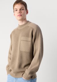 Young man with light blue eyes wearing a beige textured knit sweater with a front pocket and light blue jeans against a plain background.