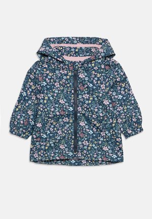 Veste à capuche bleu marine pour enfants, avec un motif floral rose, jaune et blanc, et une fermeture éclair à l'avant.