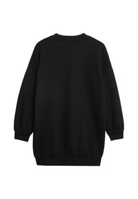 Sudadera negra de gran tamaño, con mangas largas y abullonadas, puños y dobladillo acanalados, fabricada con un tejido suave de textura lisa. Sin detalles visibles.