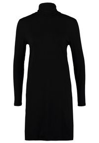 Robe noire à manches longues et col roulé, en tissu doux et extensible, avec une silhouette cintrée, une texture lisse et sans motifs ni accessoires visibles.