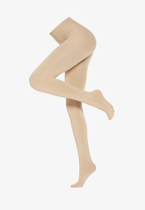 Medias de nailon beige con una textura suave, acabado semiopaco y una cintura elástica. El diseño presenta una puntera sin costuras y modelado de las piernas.