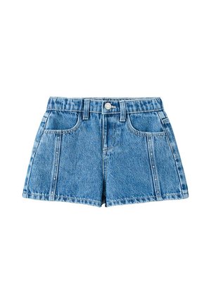 Blå højtaljede denimshorts med knap og lynlås foran, bæltestropper, to forlommer og lodrette sømdetaljer.