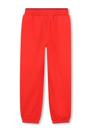 Pantalon rouge vif avec taille élastique et chevilles resserrées, en tissu lisse et uni, sans poches ni motifs visibles.
