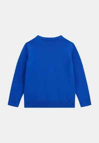 Blauer Strickpullover, runder Halsausschnitt, lange Ärmel, gerippte Bündchen und Saum. Glatte Textur, einfarbig ohne zusätzliche Muster oder Akzente.